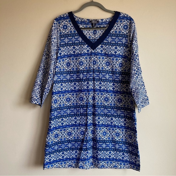 Land’s End Blue Tile Patterned Blue White Lightweight Dress M - Picture 1 of 9